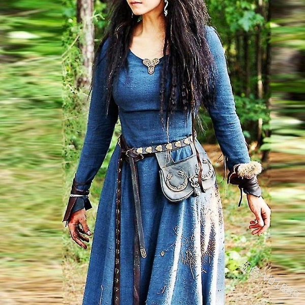 Medeltida klänning Kvinnor Långärmad Maxi Robe Vintage Fairy Elven Dress Renaissance Celtic Viking Gothic Kläder Fantasy Balklänning Blue L