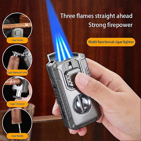 5-i-1 Cigar Lighter med V-Cutter & Punch & Draw Enhancer - Triple Jet Flame Genopfyldelig Butan Torch, Perfekt Gave til Mænd Black Brushed