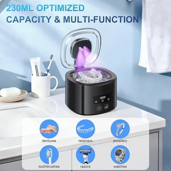 50kHz Ultralydsrenser (230ml) | 4 UV-lamper, 3 tilstande, HD digitalt display, sort, bærbar ultralydsrenser