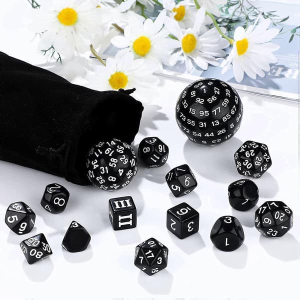 15 dele komplet polyhedral DND-sæt D3-D100 sfærisk sæt, 100-siders sæt til rollespil bordspil Black White