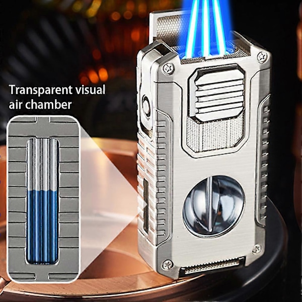 5-i-1 Cigar Lighter med V-Cutter & Punch & Draw Enhancer - Triple Jet Flame Genopfyldelig Butan Torch, Perfekt Gave til Mænd Black Brushed