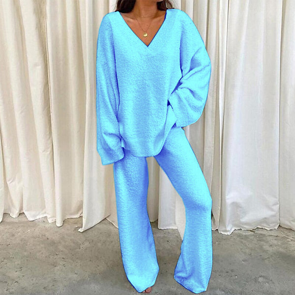 Dame Polarfleece Loungesett med V-hals, Lyseblå, Vid Ben, Todelt Sett Light Blue 3XL