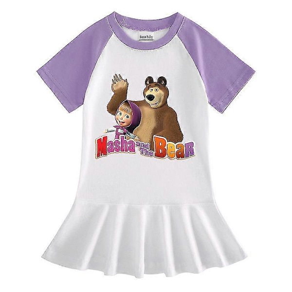 Masha ja Karhu kesäsarjakuva puolihihainen tyttöjen mekko vauvan tyttö puuvillatyylinen laskostettu prinsessahame Purple 100cm