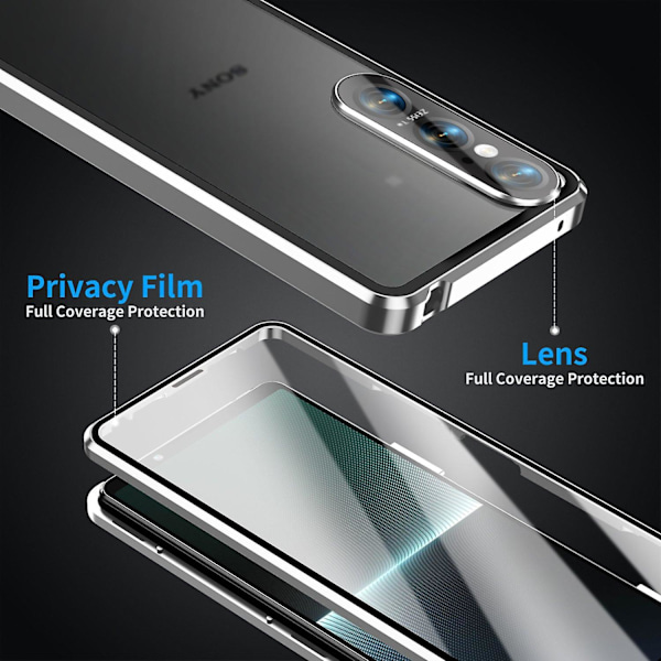 For Sony Xperia 1 VI Gjennomsiktig Deksel Herdet Glass+Metall+PC Bakside Magnetisk Telefondeksel - Svart Multicolor Silver