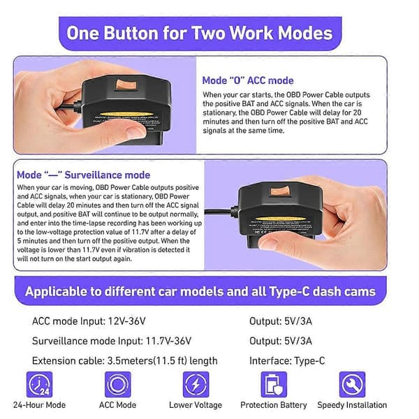 [KK] OBD2 OBD-strømkabel til dashkamera, OBD til Type-C USB OBDII-adapter Hardwire-opladerkabel, 12-36V Black