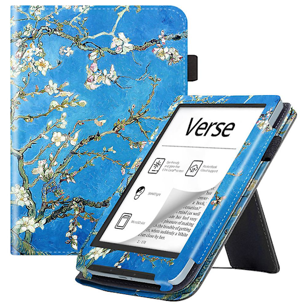 PocketBook Verse PB629 E-lukulaitteelle tarkoitettu kansi, jossa on jalusta, PU-nahkaa, kääntökansi, automaattinen herätys/lepotila Plum Blossom  Blue