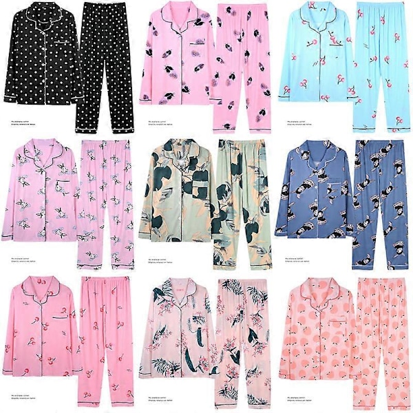 Bomulls Pyjamas för Dam Söta Flicks Pyjamas Långärmade Toppar+Byxor med Fickor Prickig Ledig Loungekläder orange plaid M