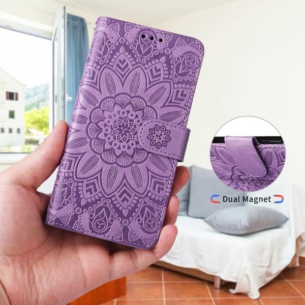 [KK]iPhone 17 Case Leather Case with Embossed Sunflower Purpur