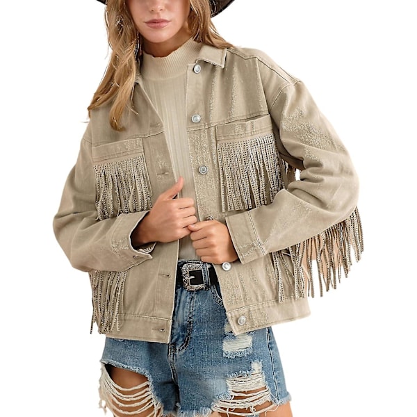 Dames Rhinestone Fringe Denimjakke Langærmet Casual Tassel Jeanjakke Frakke Khaki Khaki Small