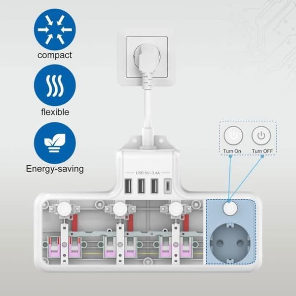 Largeight Strømuttak - 4 Uttak - 4000W - 16A - 4 Individuelle Brytere - 3 USB-A, 1 USB-C