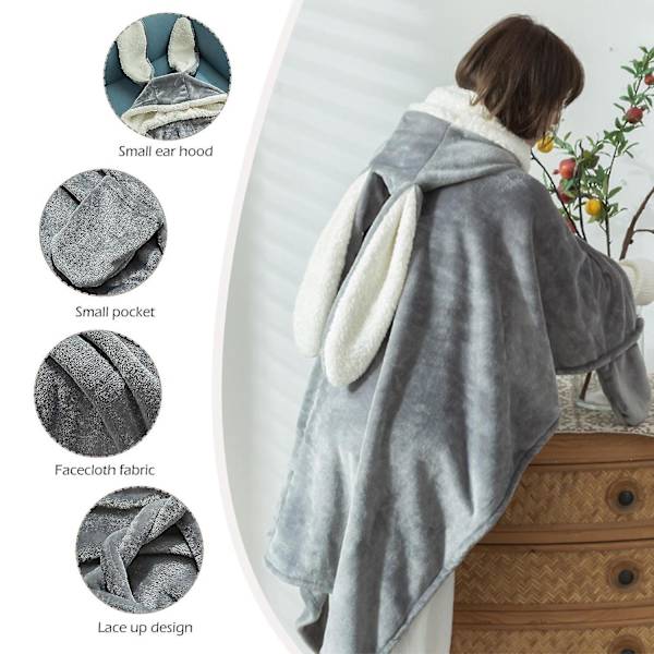 Söt Kaninöron Bärbar Filt Tjock Kast Fleece Huva Poncho Wrap med Handskar Hem Flicka Hoodie Stor