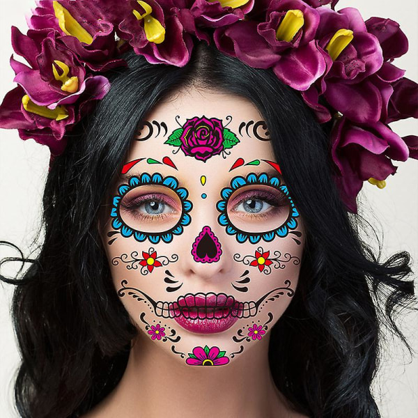 8 st Halloween tatueringsklistermärken för roliga ansikte Kreativ skräck Tillfällig smink Dans Död Ande Ansiktsdekaler