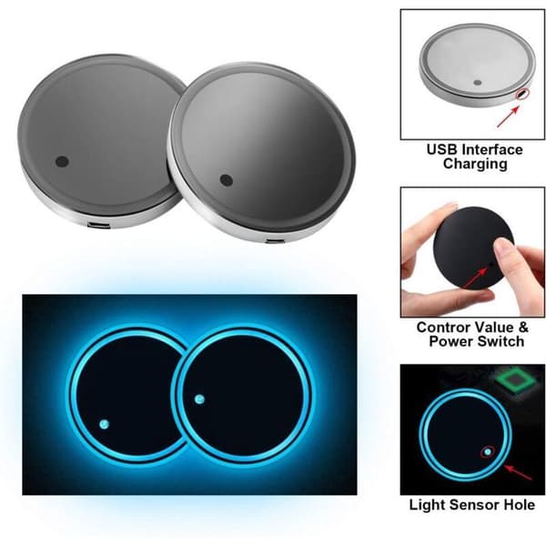 LED mugghållare - 7 färger med vibrationssensor, USB-driven - Bilinredning - 2-pack