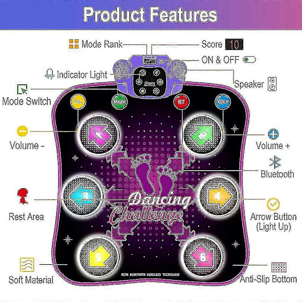 Dansmatte for barn kompatibel med 3 4 5 6 7 8 9 10+ år gamle med Bluetooth, musikkdansematte med lysende 6 piler, elektronisk danselekematte med 5