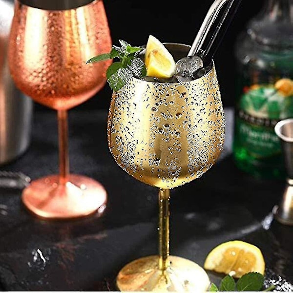 Guld färgade vinglas, 2 rostfria cocktailglas