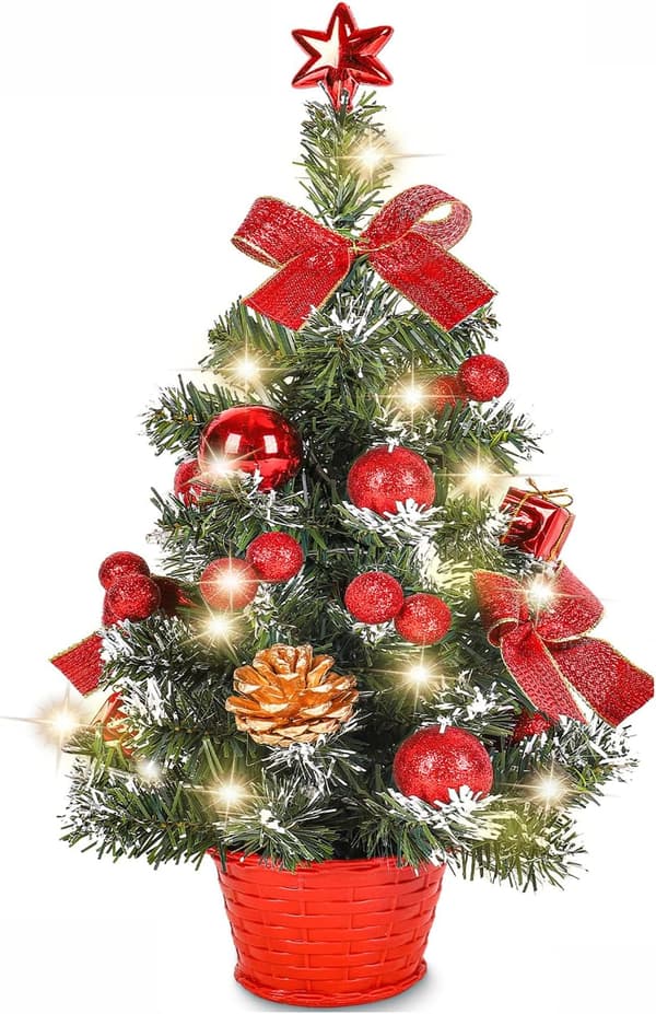 [KK] Mini Artificial Christmas Tree, Small Christmas Tree with LED Lights, Mini Tabletop Tree Decoration Compatible with Office, Bar, 40 cm (Red)