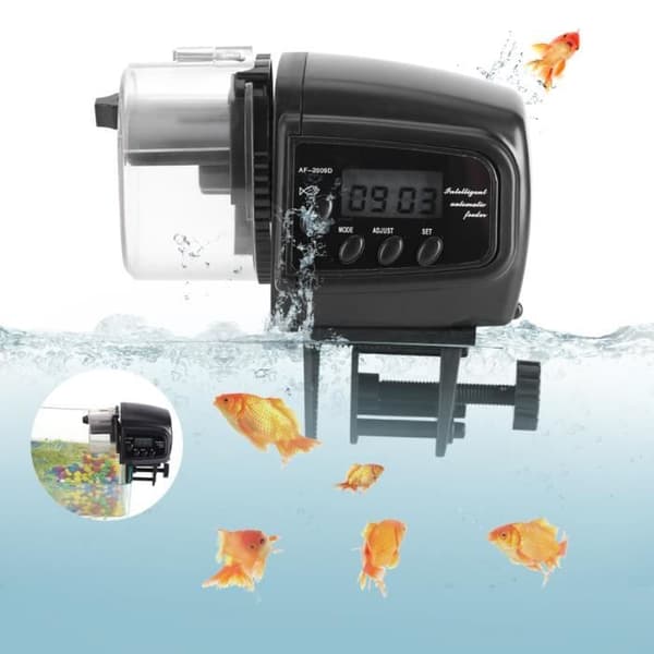 Fiskmatsdispenser - CHE - LCD-skärm - Automatisk timer - Drivs med 2 x AAA-batterier