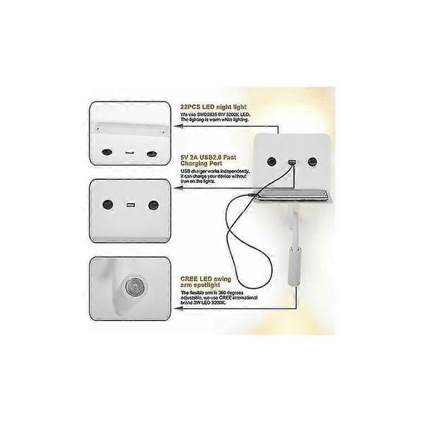 Væglampe + 3W LED læselampe med USB-port Sort - Sort
