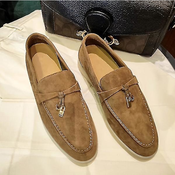 Sommer Walk Sko Dame Loafers Ruskind Casual Mokkasin Lås Hue Sko Komfortable Bløde Sål Flade Sko Plus Størrelse Auburn 35