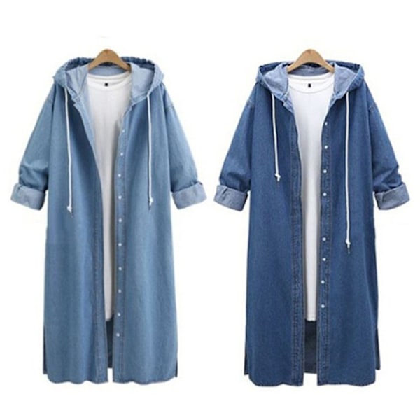 Women's long denim jacket Jean Coat Hooded Outerwear light blue