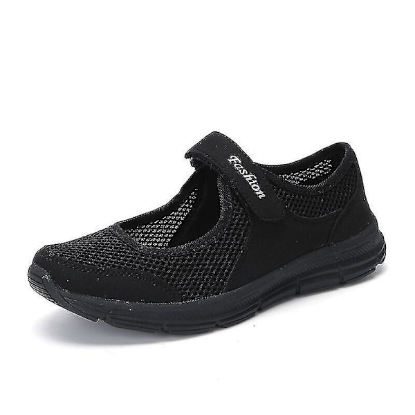 Dame Gå Mary Jane Arbejde Brede Sko Flade Komfort Sommer Sandaler Størrelse Black UK8-EUR42-26cm