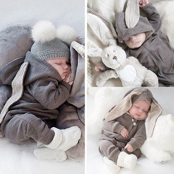 Baby Romper Söt Kanin 3D Öron Hoodie 1-Delad Dragkedja Body Grå Grey 66