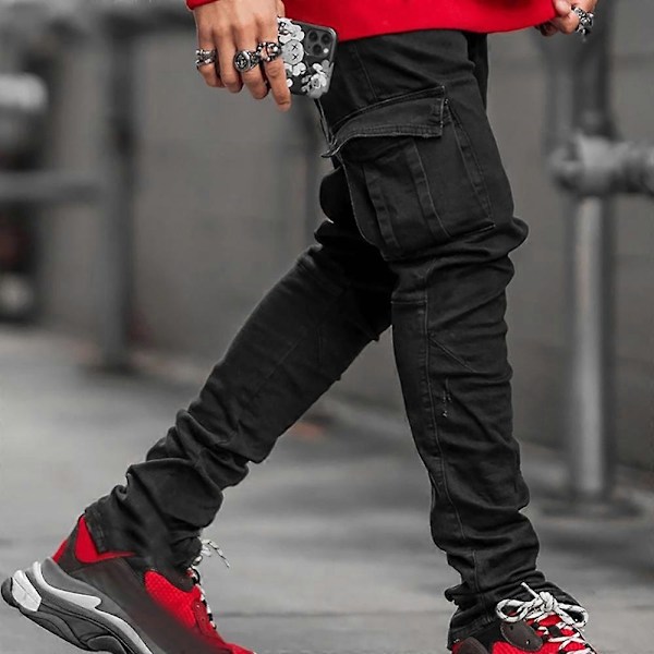 Herre Cargo Combat Denim Bukser Skinny Jeans Casual Slim Fit Bukser Black S