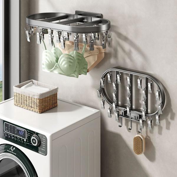 [KK]Wall Mounted Drying Rack Compatible with Socks, Foldable Clothes Rack with 24 Clips C