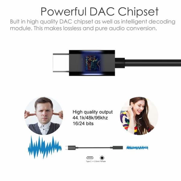 USB-C hodetelefonadapter, USB-C til Type-C til 3,5 mm Aux-jackadapter med kompatibel DAC-brikkesett