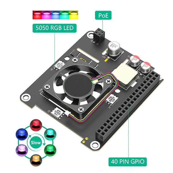 PoE HAT for Raspberry Pi 5 med kjølevifte/datamaskinmodul 5, med automatisk misfargings-LED-lys Black