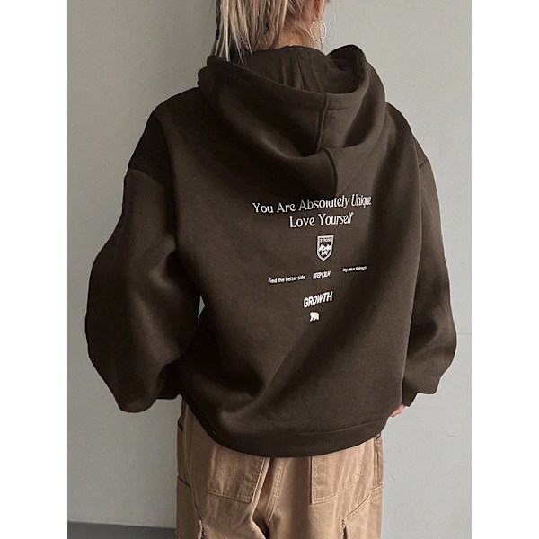 Dazy Slogan Grafisk Droppskuldret Genseren Med Snøring - Kaffe Brun Coffee Brown XL