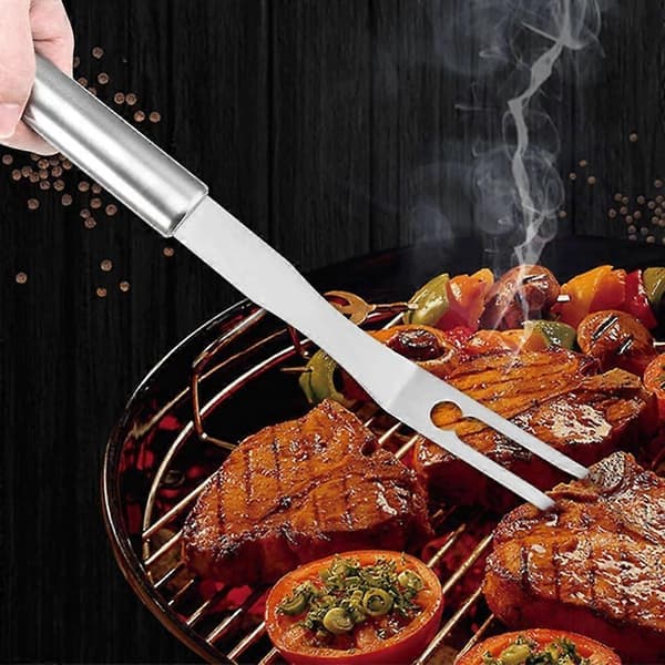 kødgaffel, 33 cm stegegaffel, robust grillgaffel i rustfrit stål, lang køkkengaffel til grillning med træhåndtag