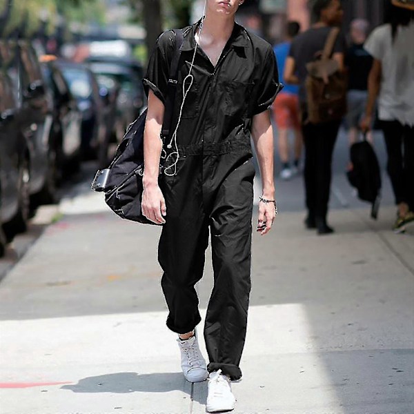 Herre Zipper Overalls Med Revers Ensfarvet Jumpsuit-YuJia Black M