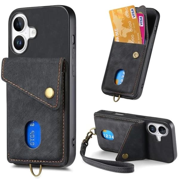 Til iPhone 16 etui med TPU læder telefoncover og læderstativ - Sort