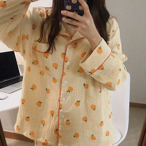 Mjuk bomull kawaii apelsintryck pyjamas set med långa ärmar L