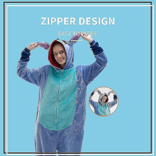 Mukava Unisex Aikuisten Onesie-Pyjama Flanelli Cosplay Eläin Yksikokoinen Halloween-Puku Nukkumisasu Kotiasu Q Ningling 85cm - Täydellinen Sininen Ommel BlueStitch M