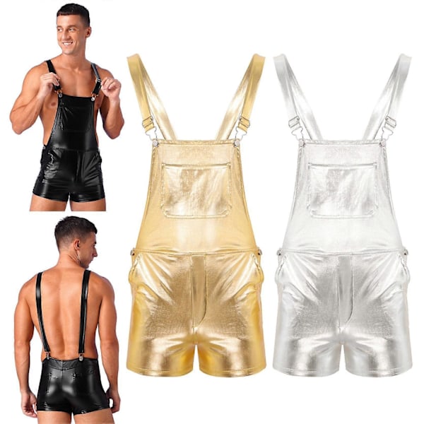 Herre Mode Skinnende Metallisk Bib Overall Seler Shorts Prom Natklub Rave Festival Tøj Jazz Hip Hop Poledance Shorts black S