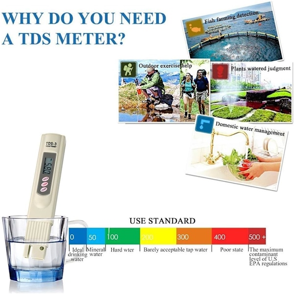 LCD-digitaalinen TDS-3-mittari Temp PPM -testikyni veden laadun testaamiseen