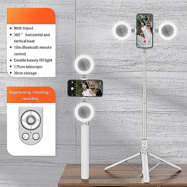 R17DS 1,75 m Bærbar Bluetooth Selfie Stick Udtrækkeligt Tripod Telefonstativ med Dobbelte Udfyldningslys 360 Multicolor White
