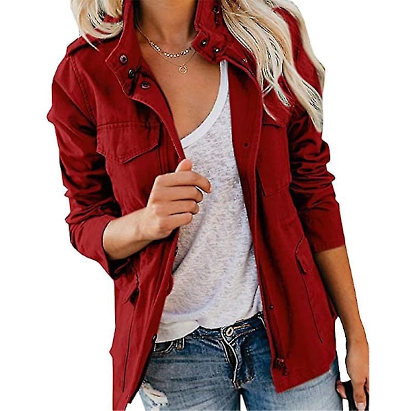 Women's Snap Button Military Jacket Streetwear Autumn Coat Long Sl Wine Red