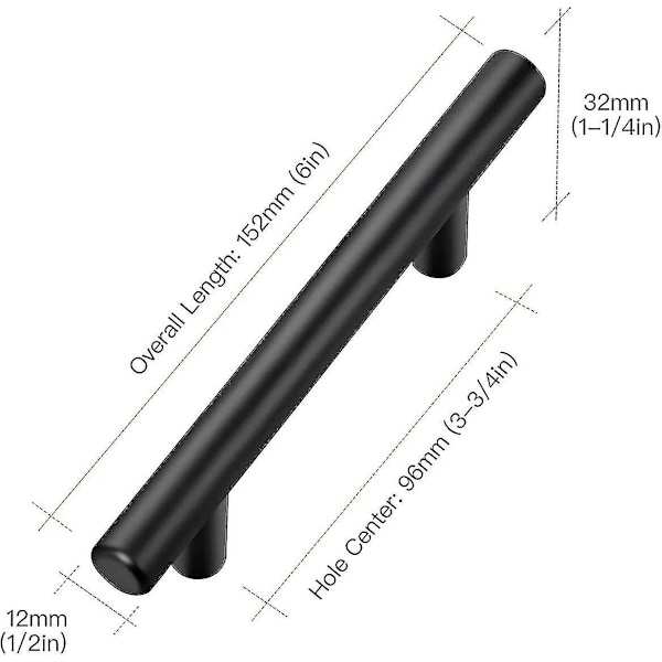 10-pak svarte kjøkkenhåndtak Skaphåndtak 96mm hull-avstand Rustfritt stål *H