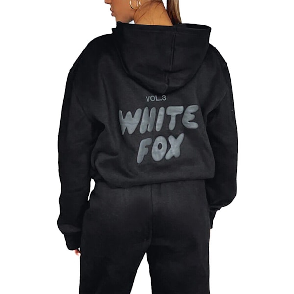 Hvid Fox Hoodie Tracksuit Sweatshirt Top og Lange Bukser Sæt Sort Sort til Kvinder Black 2XL