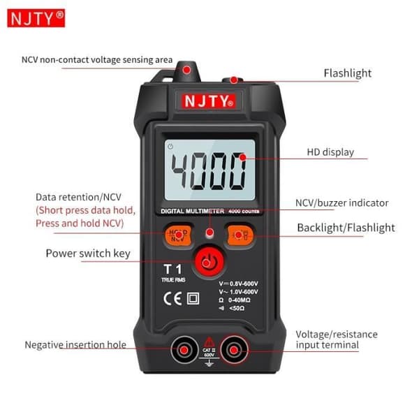 Standard med etui - Mini digitalt multimeter T1, 4000 tællinger, auto-ranging, TRMS, spændingsmodstand