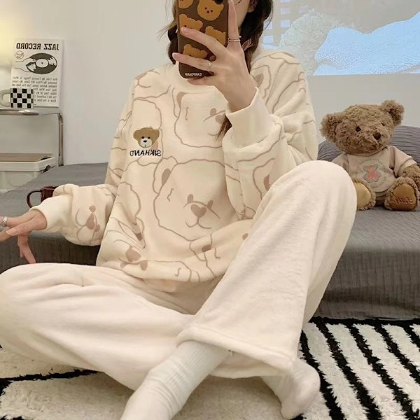 Syksyn Uusi Lämmin Pyöreäkaulainen Pitkähihainen 2-osainen Asustejoukko Naisille Plus-kokoinen Kotiasu Naisille Söötti Painettu Pyjama Tytölle Tytölle S Beige Beige XL