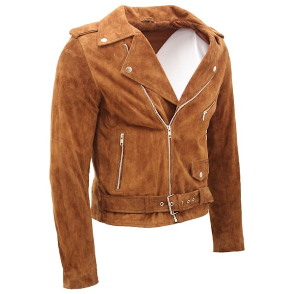 Herre Brun Tan Ruskind Læder Biker Jakke Tan XS