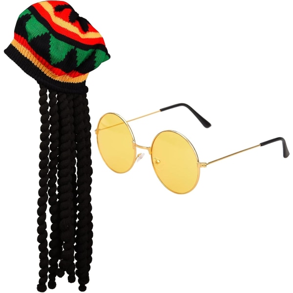 2-pack Rasta set Rasta-hatt med svarta dreadlocks peruk och gula glasögon karibisk finklänningskostym