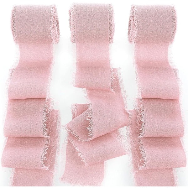 Ruller 1.5\" Håndlavet Frynser Chiffon Silkebånd Frynsede Kanter Bånd til Bryllupsinvitationer, Brudebuketter, Gaveindpakning (Pink)