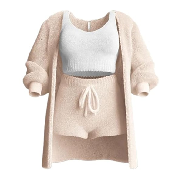 Koselige Plysj-Pyjamas for Kvinner, 3-delt Sett, Stilig, Myk, Løstsittende Soveklær for Innendørs Bruk, Beige Beige 3XL