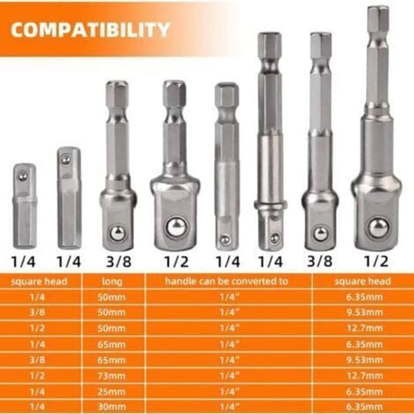 8 sekskantede hylseadaptere 1/4\" til 1/4\"-3/8\"-1/2\" for drill-driver