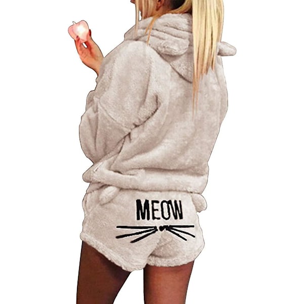 Famkit Fleece Pyjamas til Kvinder og Piger - Behagelig Natøj med Broderet Meow-Hættetrøje og Shorts - Todelt Pyjamas-Sæt til Fest - Beige Beige XL